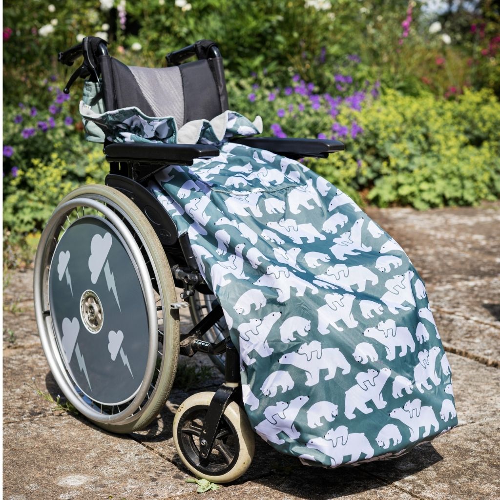 BundleBean Adult fleece-lined and waterproof wheelchair cosy in polar bear design fits easily on to your wheelchair