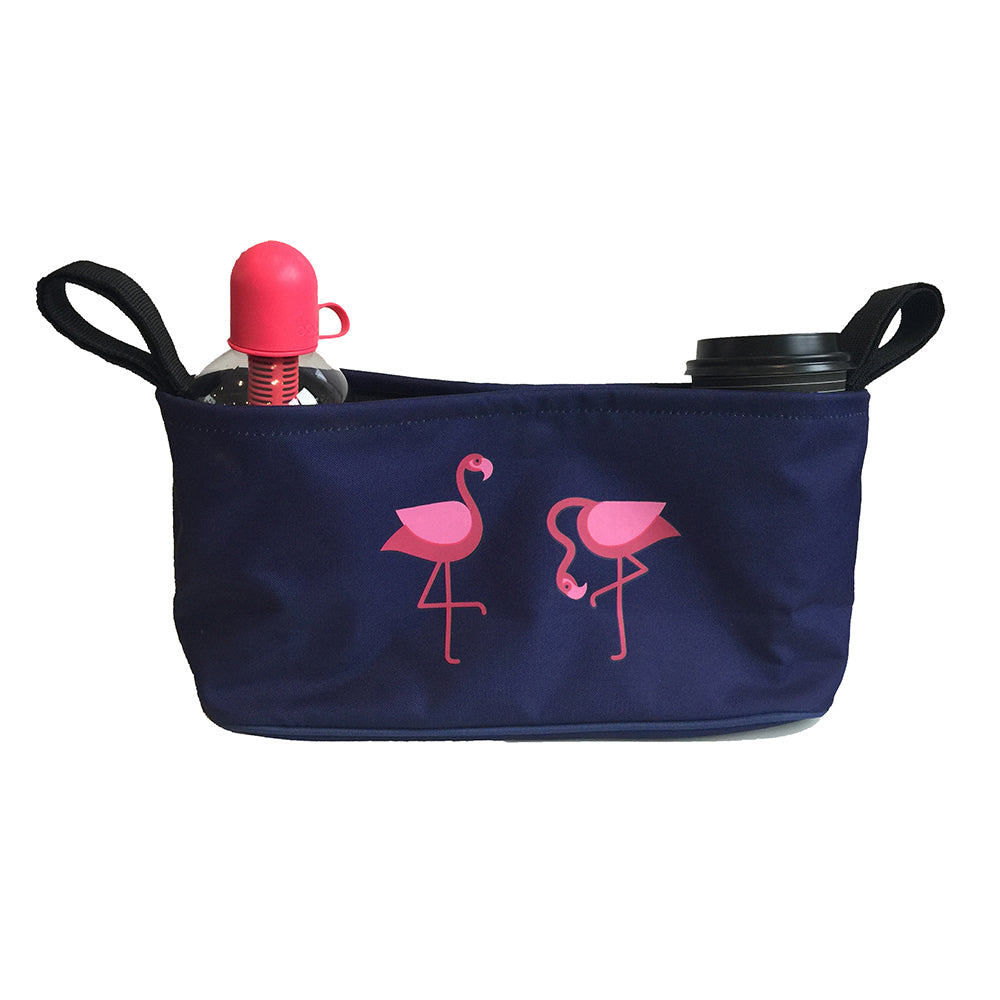 These handy buggy organiser bags fit to your handlebars – perfect for everyday essentials! Seen here in flamingo design.
