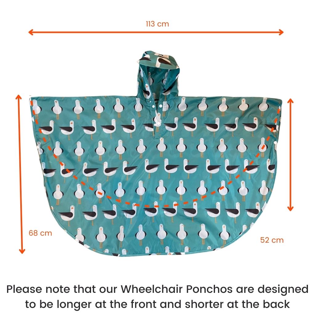 Kids Wheelchair poncho - easy to put on, fully waterproof and with peaked hood to protect faces from the rain. Designed to be longer at the front than at the back.