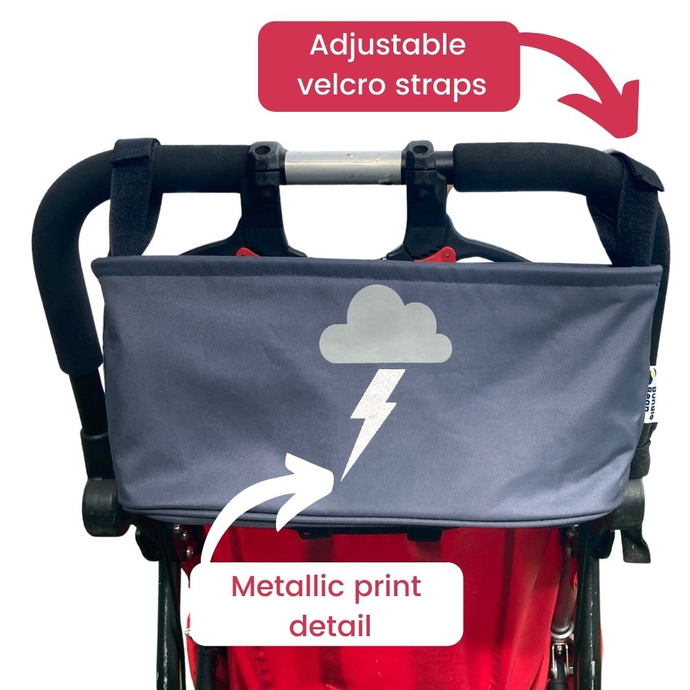 These handy buggy organiser bags fit to your handlebars with adjustable velcro straps. Seen here in silver lightning - a metallic design..
