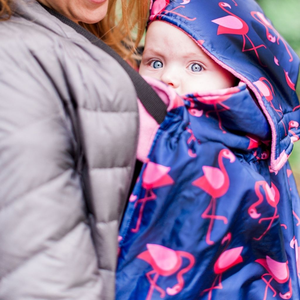 BundleBean Babywearing fleece-lined and waterproof cover with hood in flamingo design