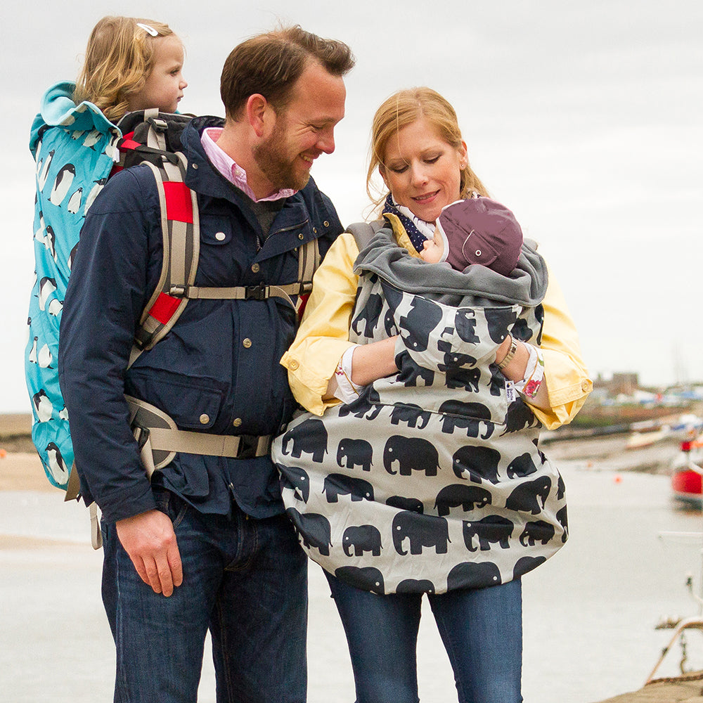 BundleBean Babywearing fleece-lined and waterproof cover in elephant design