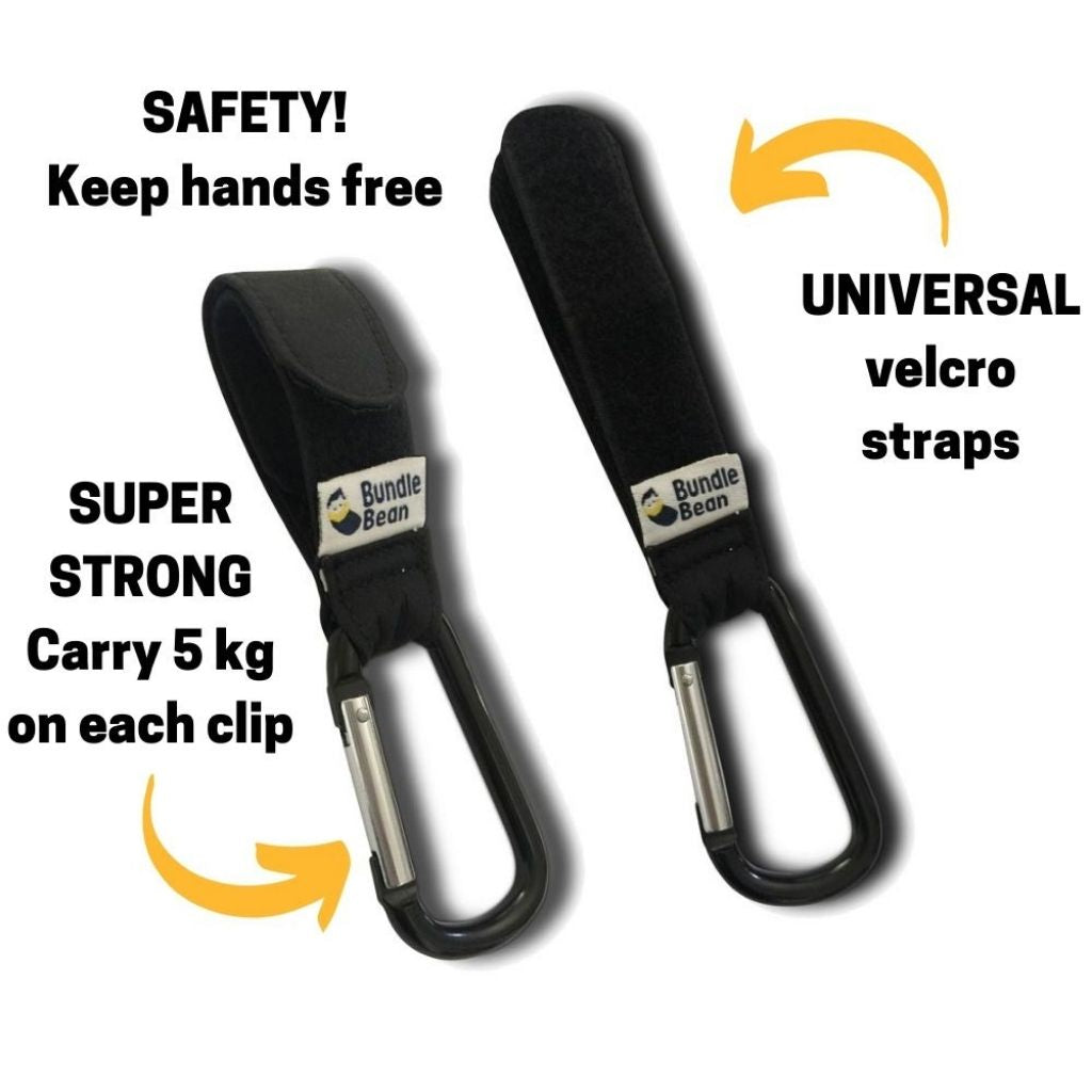Super-strong aluminium hooks which can be attached to pushchairs or wheelchair handles with velcro straps and hold up to 5kg of essentials