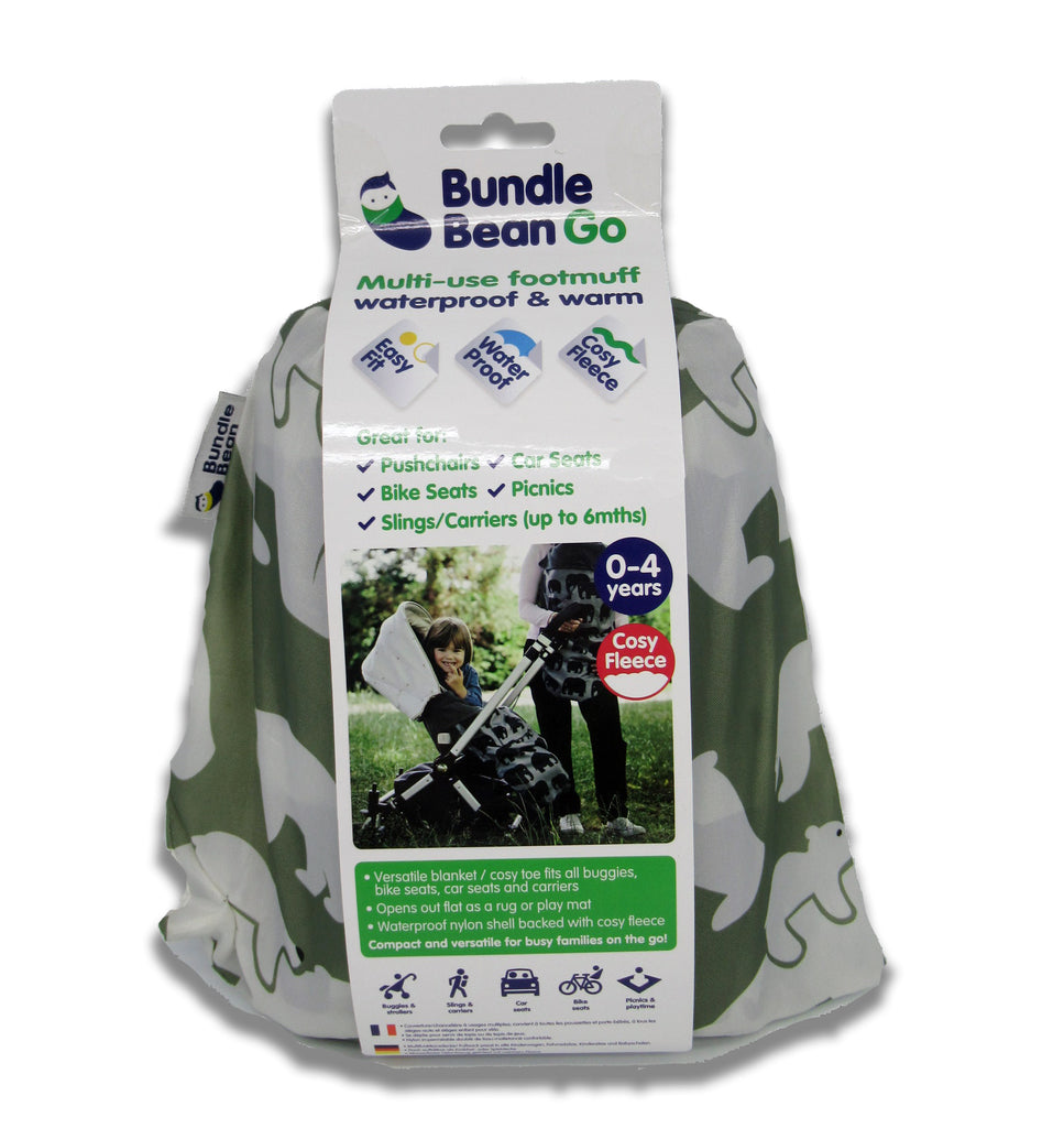 The BundleBean GO is a waterproof footmuff for babies and toddlers that fits snugly on to buggies, bike seats, car seats and baby carriers. Seen here in  a handy storage sac and in a polar bear design.