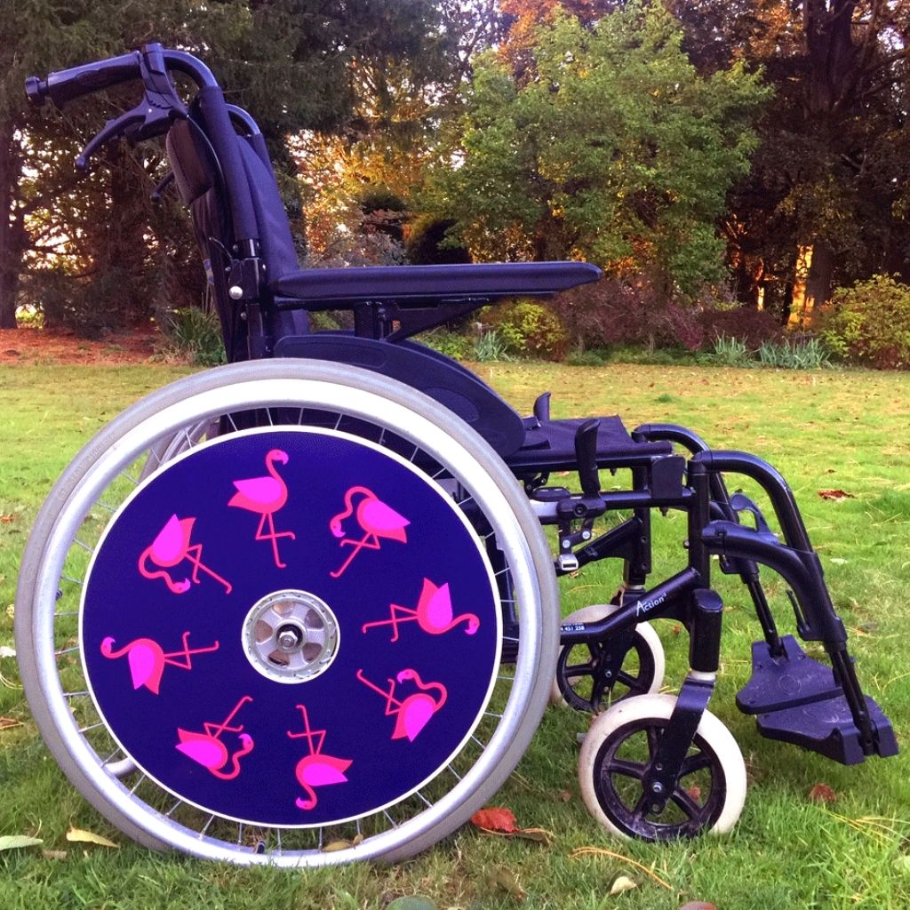 Wheelchair spokeguard custom made to order in a flamingo design. Match with your wheelchair cosy.