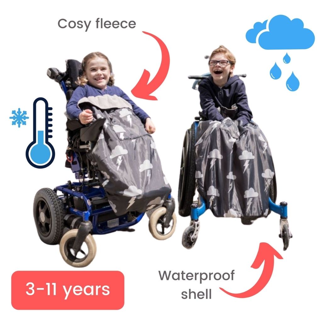 Kids fleece-lined wheelchair cosies for 3-11 years old. Waterproof, warm and easy to fit. Seen here in a silver lightning design.