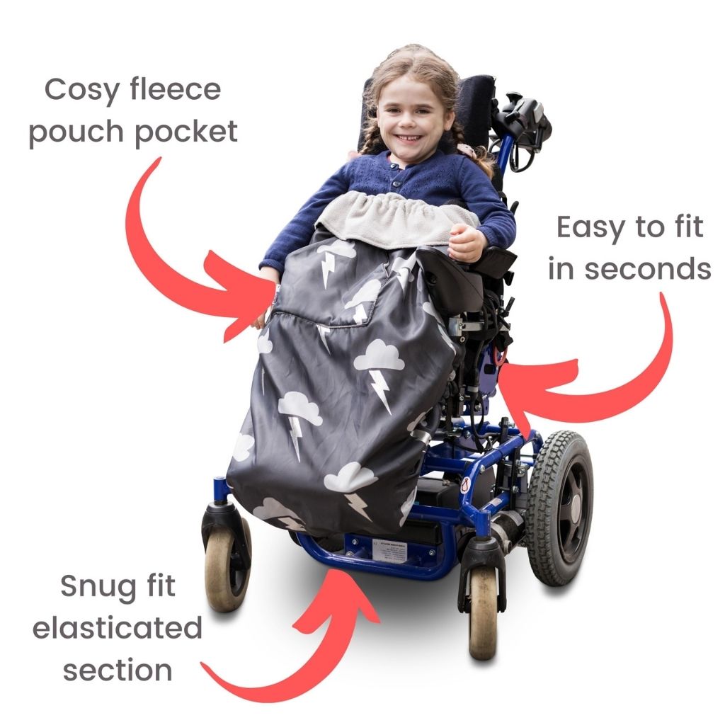 Kids fleece-lined wheelchair cosies. Waterproof, warm and easy to fit. Seen here in a silver lightning design with pouch pocket for warm hands..