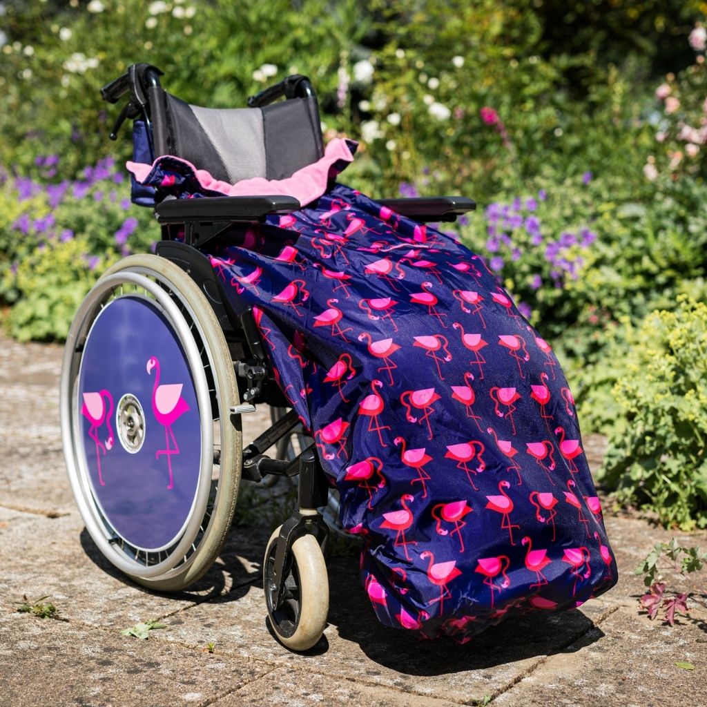 BundleBean Adult fleece-lined and waterproof wheelchair cosy in flamingo design fits easily on to your wheelchair