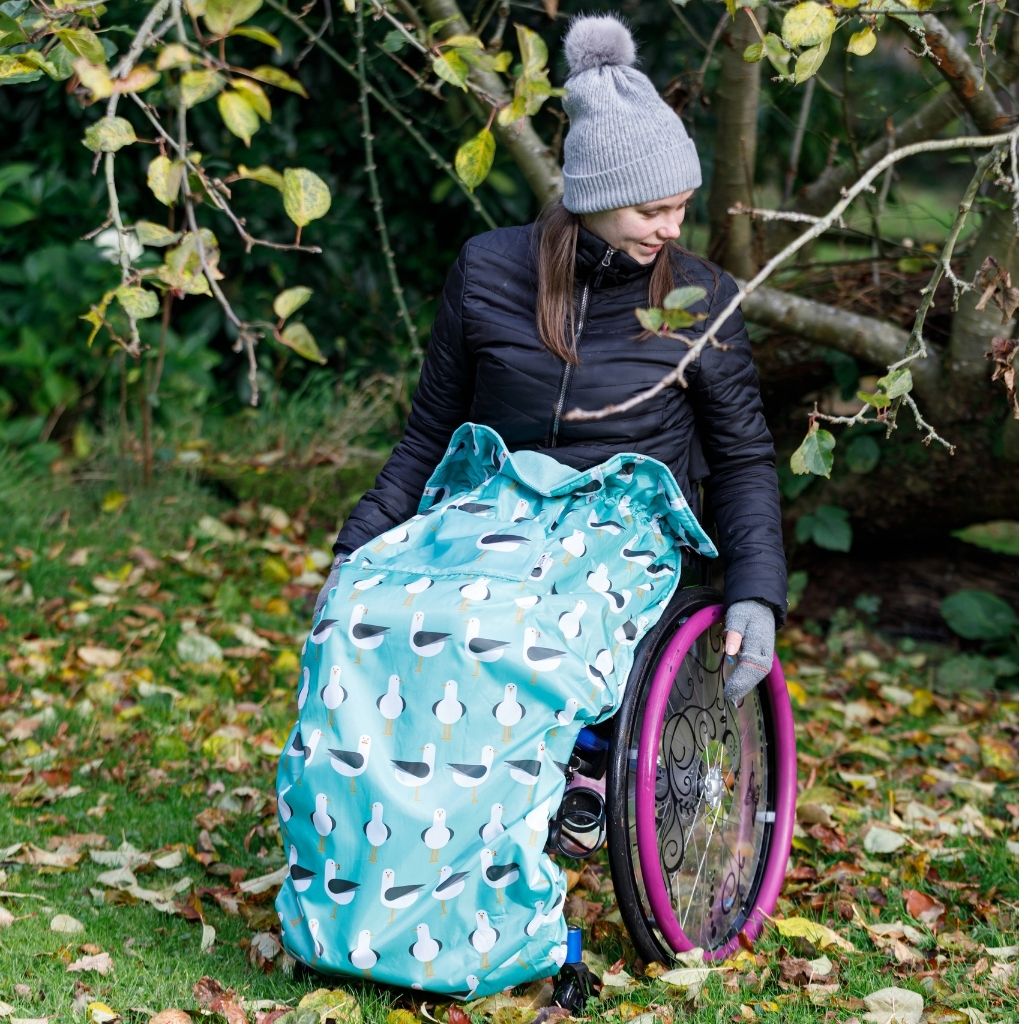 BundleBean Adult fleece-lined and waterproof wheelchair cosy in seagulls design