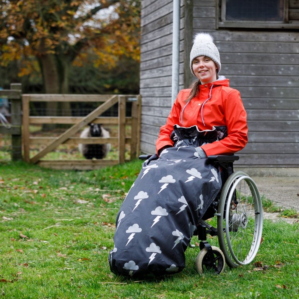 BundleBean Adult fleece-lined and waterproof wheelchair cosy in silver lightning design