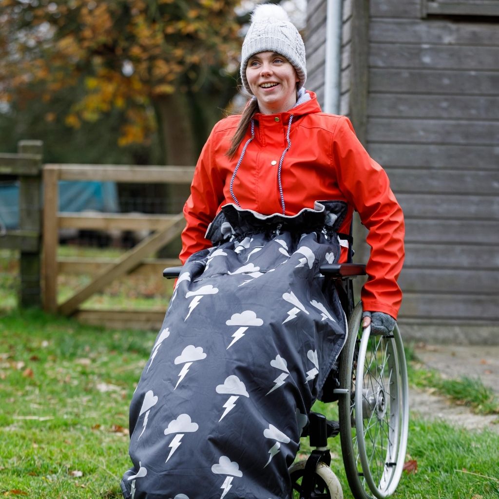 BundleBean Adult fleece-lined and waterproof wheelchair cosy in silver lightning design