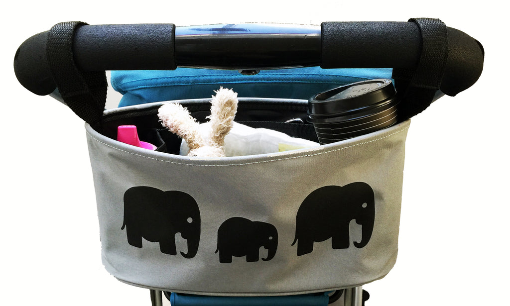 These handy buggy organiser bags fit to your handlebars – perfect for everyday essentials! Seen here in elephant design.