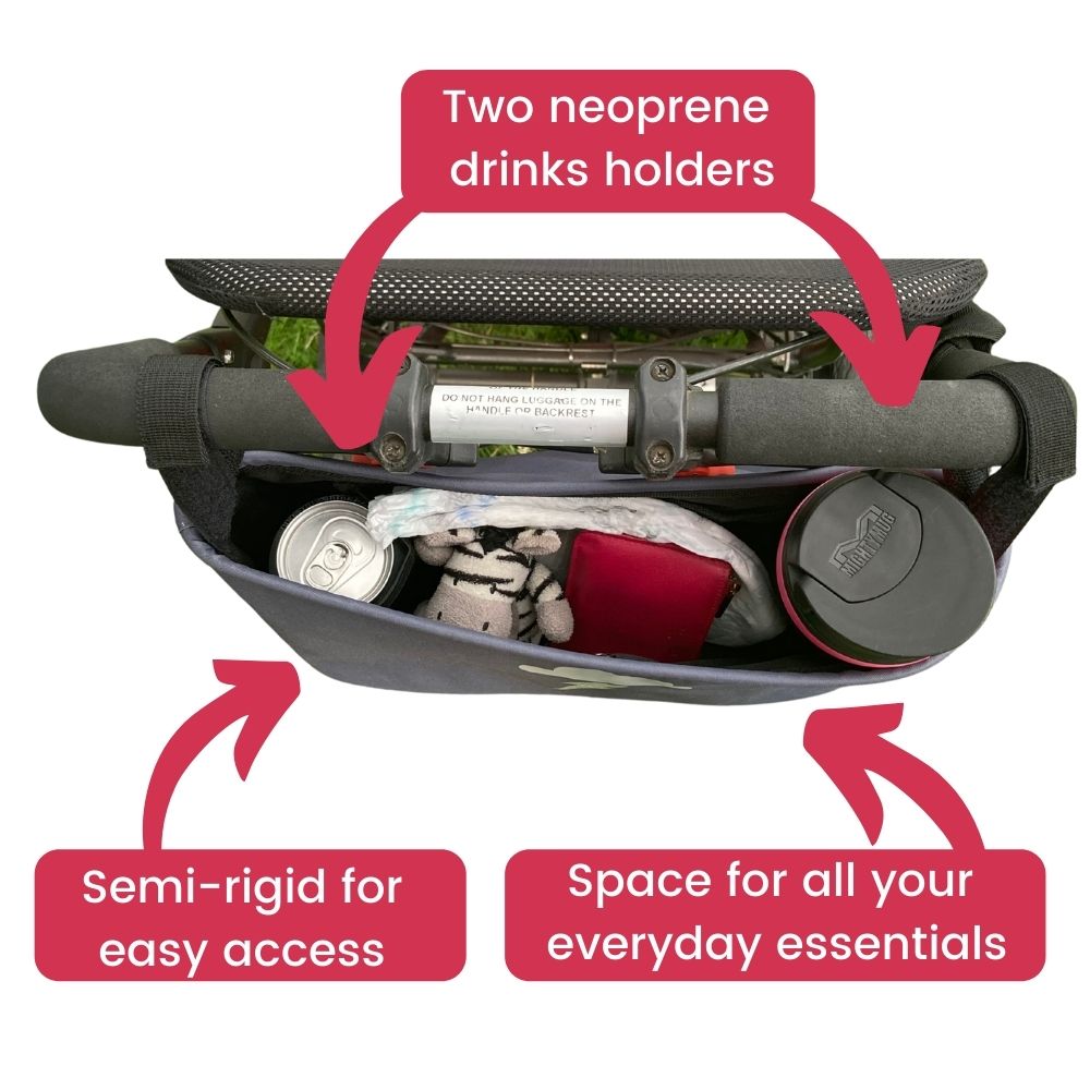 These handy buggy organiser bags have two neoprene drinks holders, are semi-rigid for easy access and space for everyday essentials! Seen here in silver lightning design.