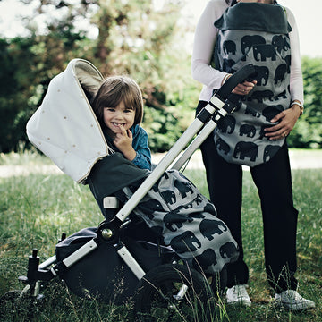 The BundleBean GO is a waterproof footmuff for babies and toddlers that fits snugly on to buggies, bike seats, car seats and baby carriers. Seen here in an elephant design