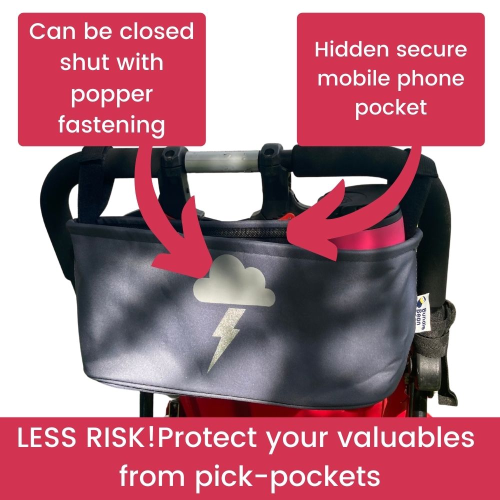These handy buggy organiser bags can be closed shut with popper fastening, have a hidden secure mobile phone pocket and space for everyday essentials! Seen here in silver lightning design.