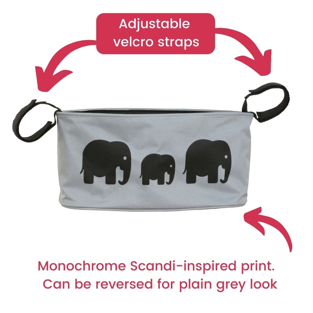 These handy buggy organiser bags have adjustable velcro straps and fit to your handlebars. Seen here in elephant design which can be reversed for a plain grey look