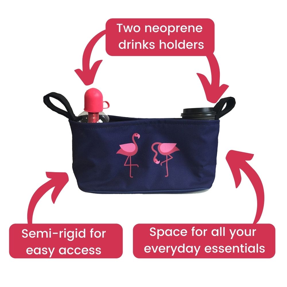 These handy buggy organiser bags fit to your handlebars and have two neoprene drinks holders, are semi rigid for easy access and space for  everyday essentials! Seen here in pink flamingo design.