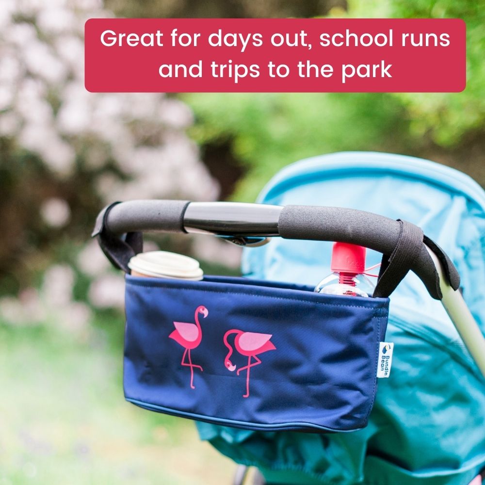 These handy buggy organiser bags fit to your handlebars – perfect for everyday essentials! Seen here in flamingo design. Great for days out school runs and trips to the park.