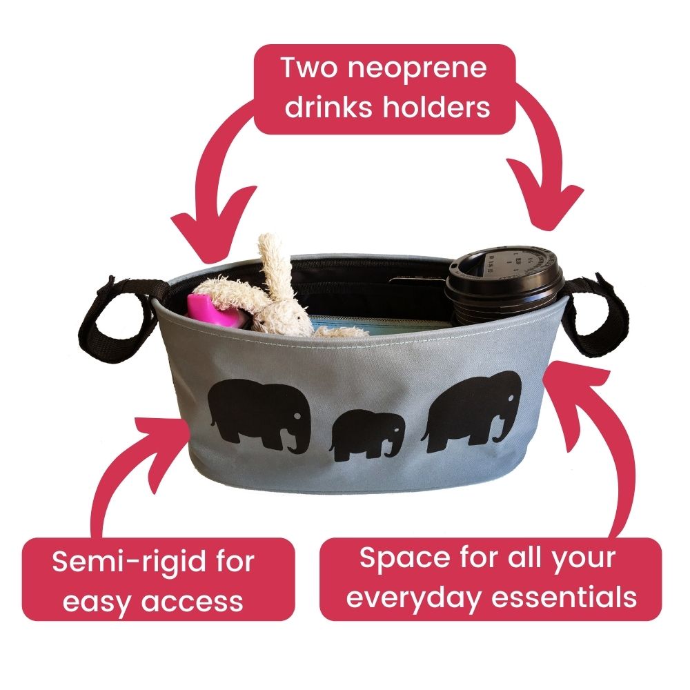 These handy buggy organiser bags fit to your handlebars, have two neoprene drinks holders, is semi-rigid for easy access and space for everyday essentials! Seen here in elephant design.