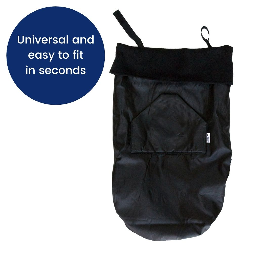 The BundleBean GO is a waterproof footmuff for babies and toddlers that fits snugly on to buggies, bike seats, car seats and baby carriers in seconds. Easy to fit and  seen here in black.