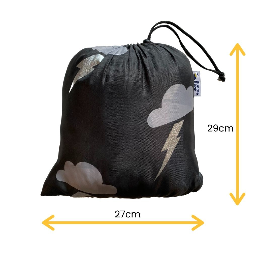 Spare stuff sac to store waterproof covers in a silver lightning design - 27 x 29 cms.