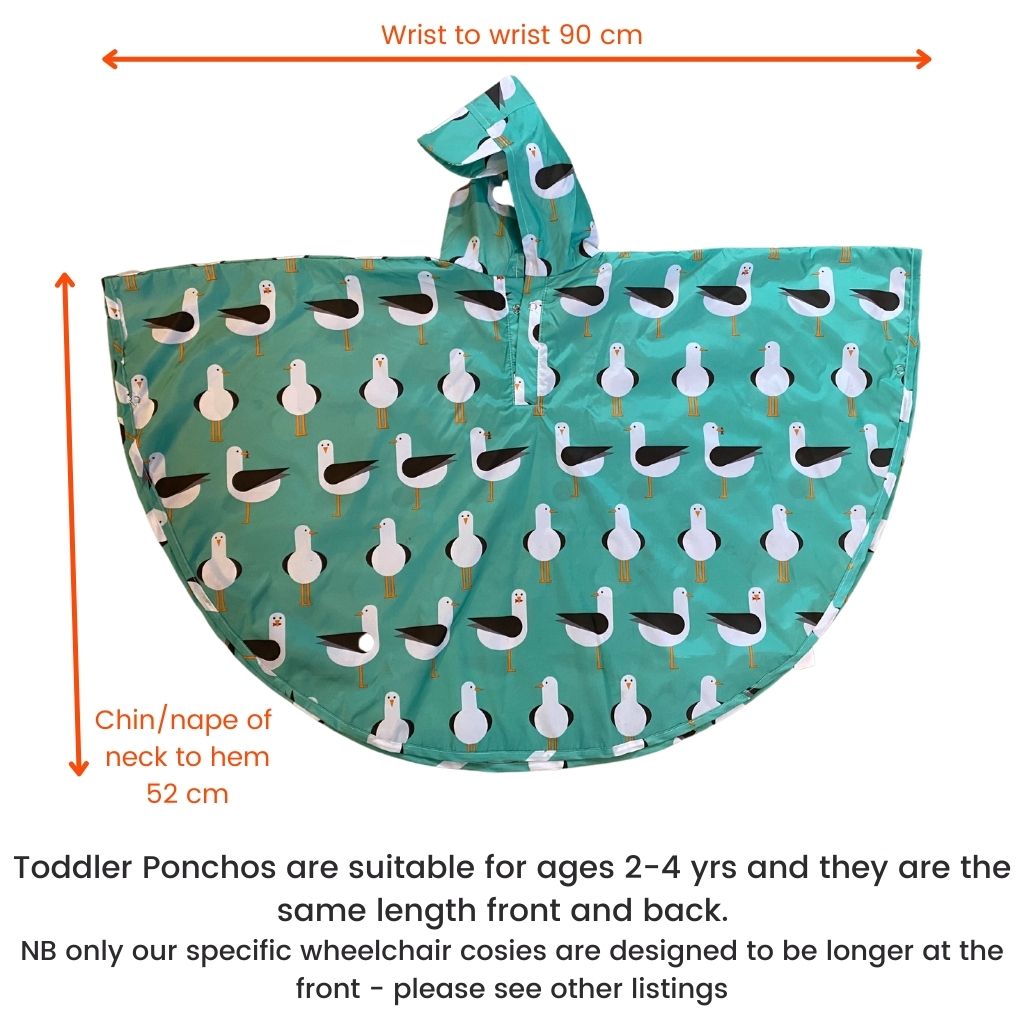Toddler ponchos for 2-4 years old. Easy to pop on and fully waterproof and with a peaked hood to protect little faces. The same length front and back.