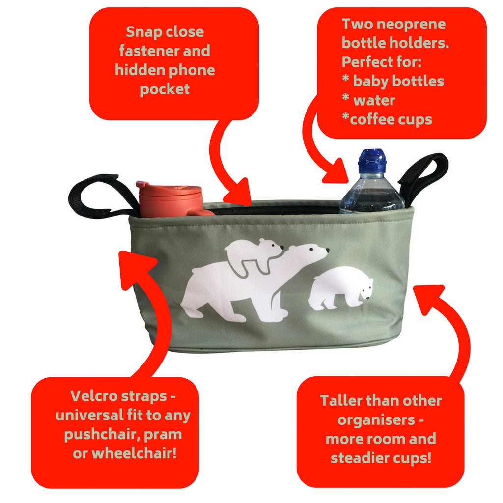 These handy buggy organiser bags have snap close fastener and hidden phone pocket, two neoprene bottle holders, velcro straps to attach to handlebars and taller than other organisers. Seen here in polar bear design.