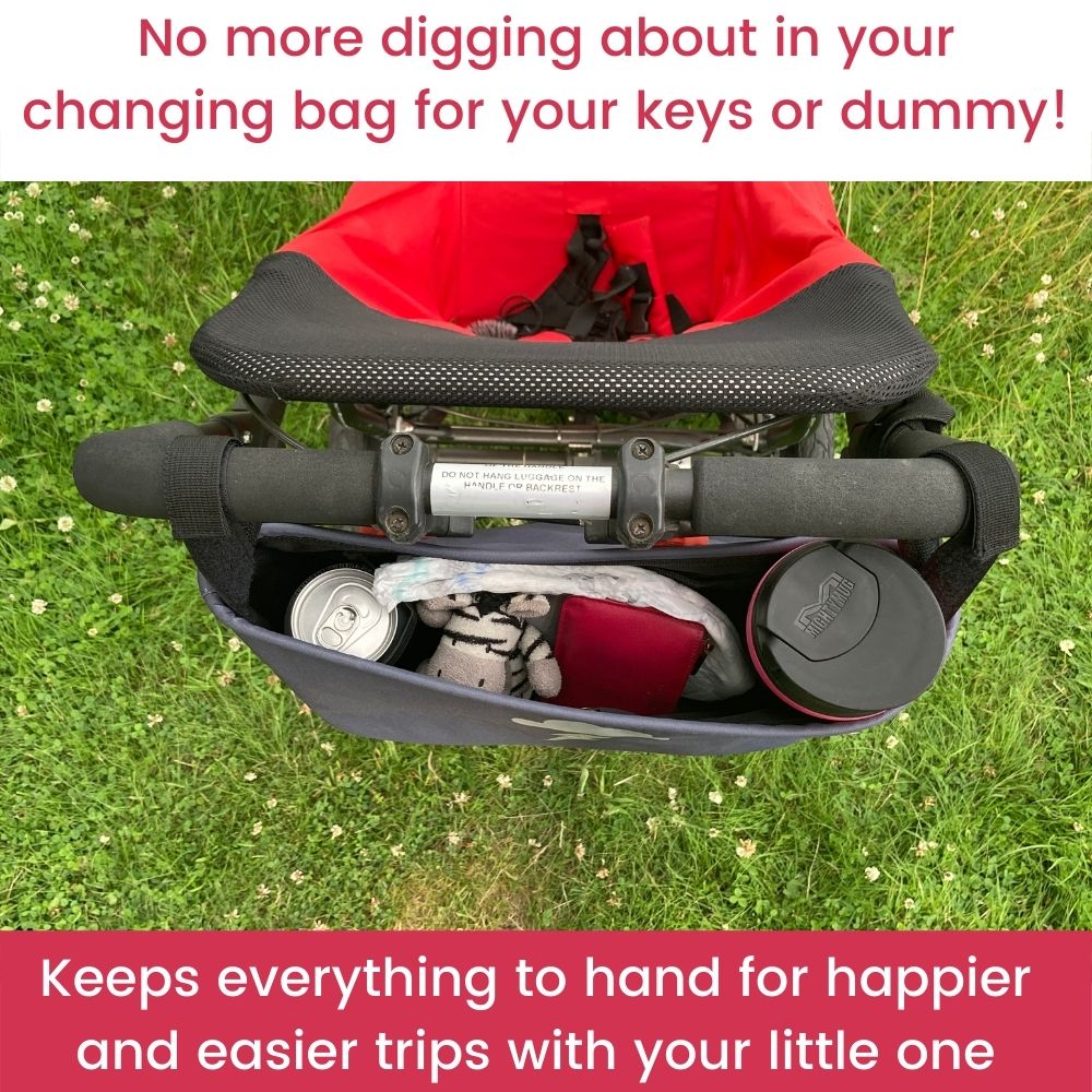These handy buggy organiser bags fit to your handlebars – perfect for everyday essentials! Seen here in silver lightning design.