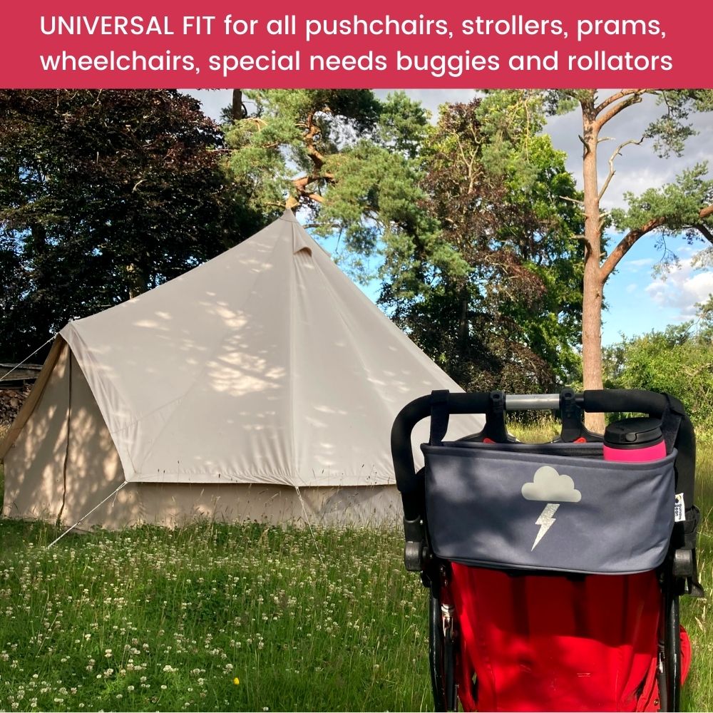 These handy buggy organiser bags universally fit all pushchairs, strollers, prams, wheelchairs, special needs buggies and rollators. Seen here in silver lightning design.