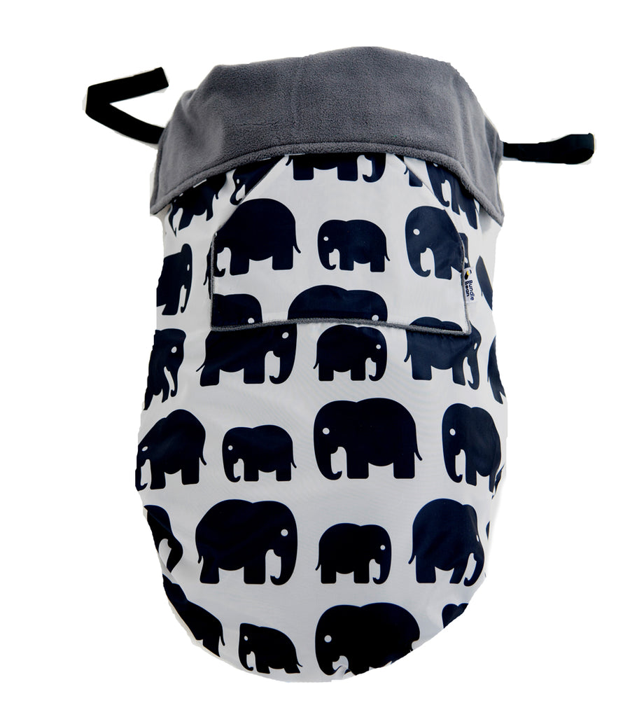 The BundleBean GO is a waterproof footmuff for babies and toddlers that fits snugly on to buggies, bike seats, car seats and baby carriers. Seen here in an elephant design